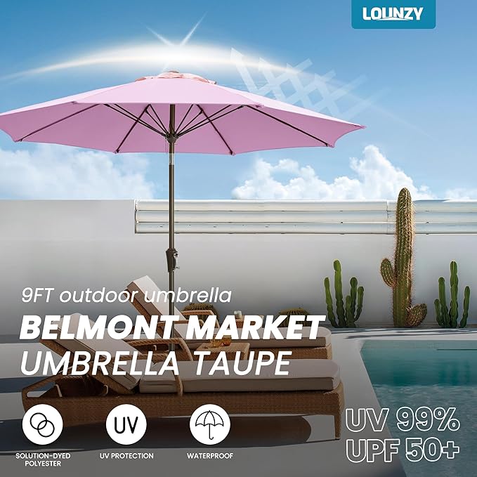 LOUNZY 9FT Large Outdoor Patio Umbrella Table Umbrella-UV Resistant,Easy Push Button Tilt and Crank,8 Sturdy Fiberglass Ribs Pool Umbrella for Patio,Backyard,Deck,Yard,Market