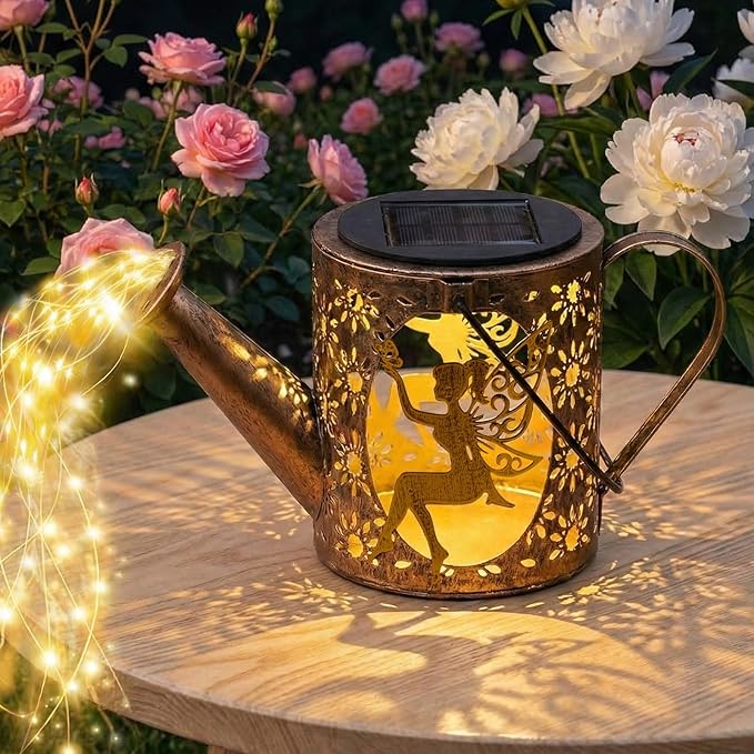 Solar Watering Can Lights Outdoor Decor with Elephant Stake & Fairy Silhouettes, Cascading String Lights for Garden, Patio, Yard - Waterproof Solar Powered Gift for Mom, Housewarming, Birthday