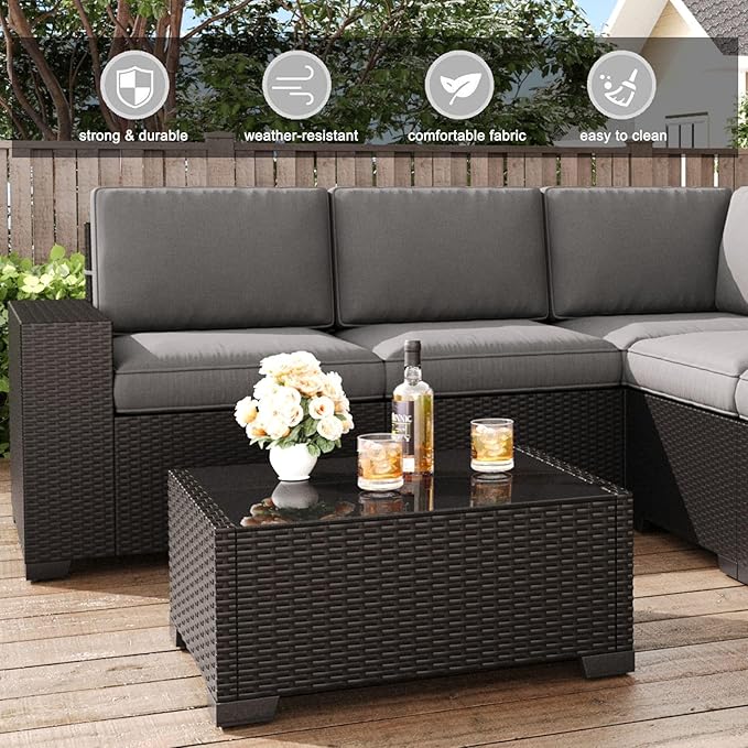 LayinSun 13 Pieces Patio Furniture Set with Fire Pit Table, Black Rattan Modular Sectional Patio Conversation Sofa Set