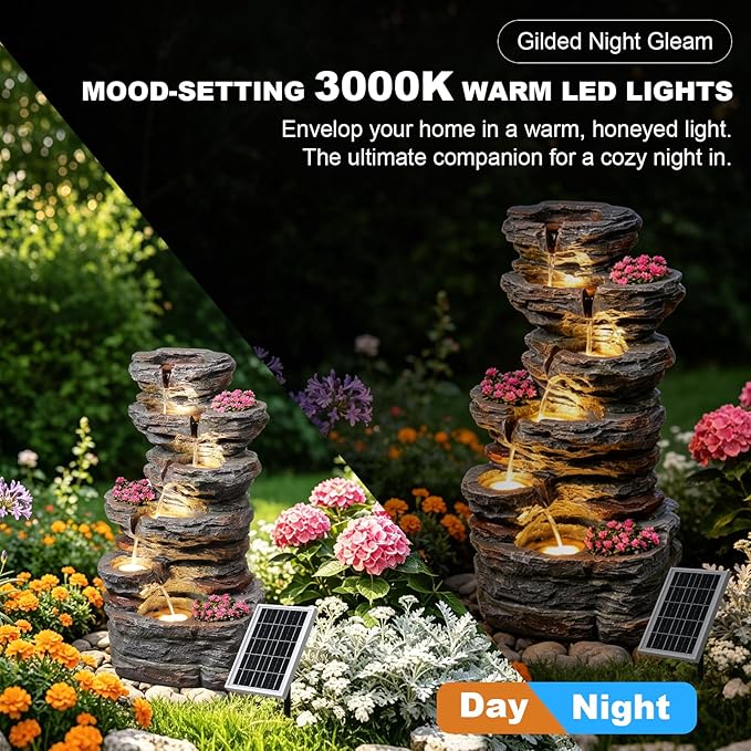 Solar Water Fountain Outdoor, 32.7" H 6-Tier Cascading Rock Waterfall Garden Fountain with 3000K Warm LED Lights & Battery Backup, IP64 Weatherproof Fountains for Patio, Yard, Deck, Porch