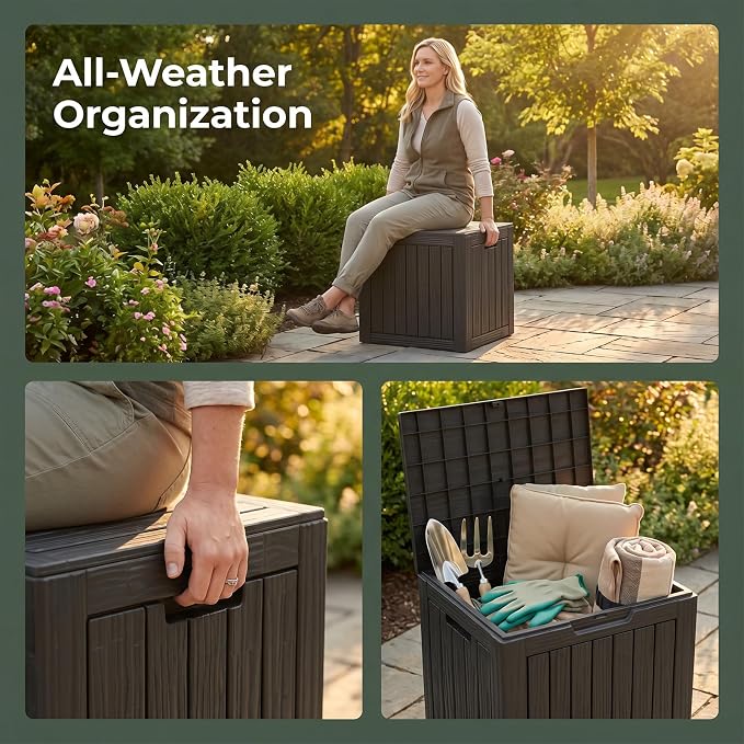MAKINO 31 Gallon Resin Outdoor Storage Box, Waterproof Deck Box with Lockable Lid, Outside Storage Box for Patio Furniture, Pool Accessories, Garden Tools, Storage Bench for Backyard, Porch, Black