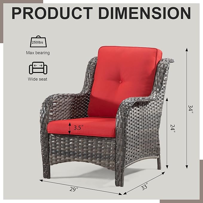 Outdoor Wicker Chair Rattan Patio Dining Chairs Set of 6 PE Wicker Patio Chairs with 4 inch Seat Cushions Patio Seating Chair for Garden, Backyard Swimming Pool, Balcony, Red