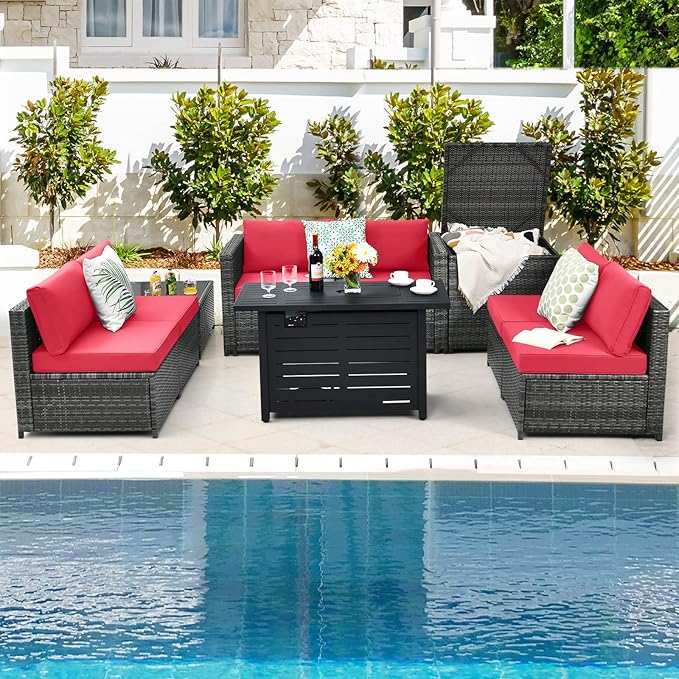 Tangkula 9 Pieces Patio Rattan Furniture Set, Patiojoy Sectional Sofa Set w/Fire Pit Table, Storage Box, Coffee Table, Outdoor Wicker Conversation Set w/ 42” ETL Approved Propane Fire Pit Table (Red)