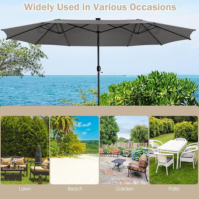 Giantex Large Outdoor Umbrella Double-Sided, 48 Solar Lights, Auto-Charging Solar Panel, Extra Large Patio Umbrella with Base and Crank, Outdoor Market Umbrellas for Poolside Garden