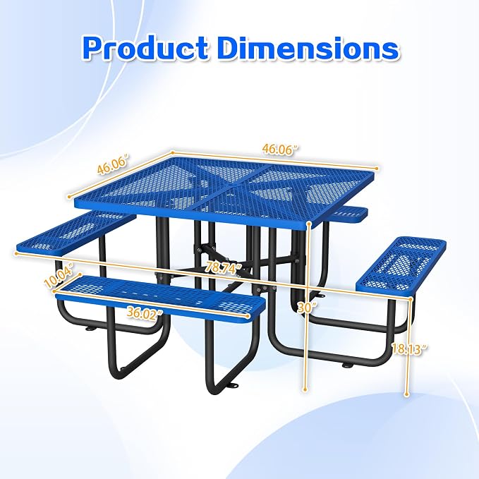 Square Outdoor Metal Coffee Picnic Table for Patio, Backyard, Garden and DIY (Includes 4 Built-in Benches) - Blue