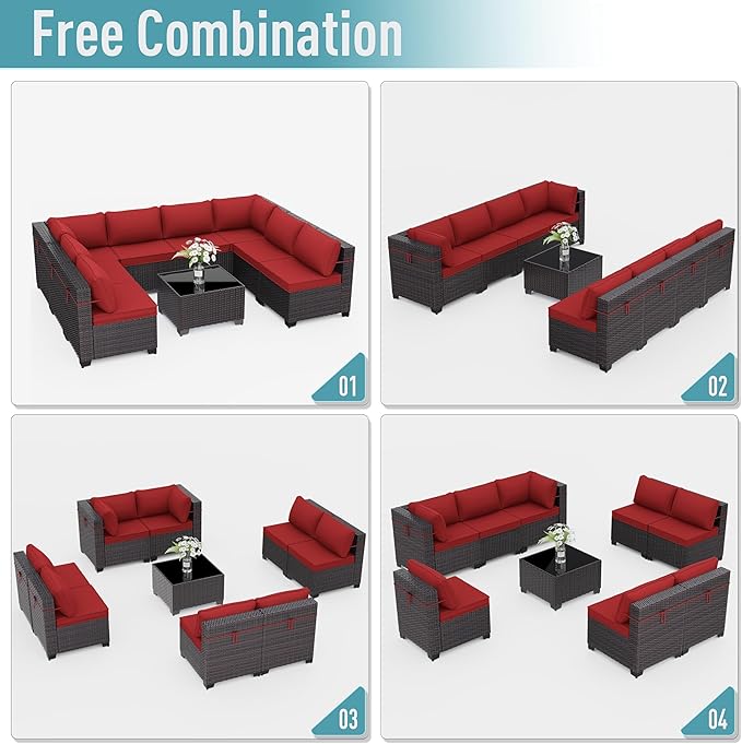 ALAULM 9 Pieces Patio Furniture Set Wicker Patio Conversation Set, Outdoor Sectional Furniture w/Coffee Table & Washable Seat Cushions-Red