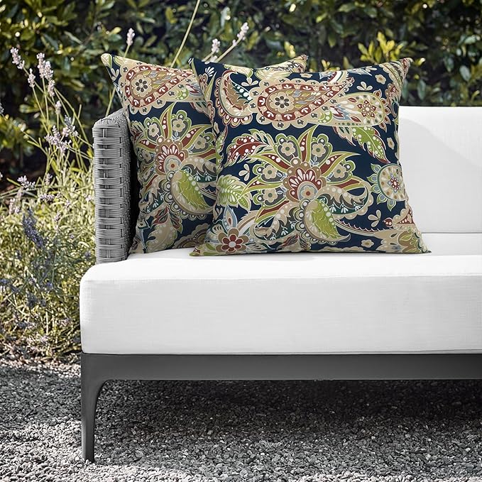 Outdoor Throw Pillows 16x16 Inch, Water Repellent Patio Pillows with Inners Set of 2 for Patio Furniture Home Graden, Paisley Sapphire Blue