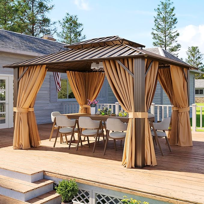 Aoxun 10x12 Gazebo Outdoor Hardtop Gazebo with Double Galvanized Steel Roof Metal Frame Pavilion with Breathable Netting and Privacy Curtain for Backyard (Brown)