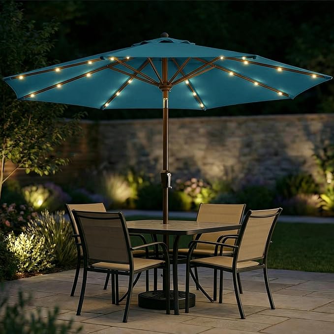11FT Solar Patio Umbrella with Lights, Outdoor Table Market Umbrella with 32 LED Lights, 8 Sturdy Ribs, Smooth Crank Lift for Pool, Deck and Garden, UV-Resistant