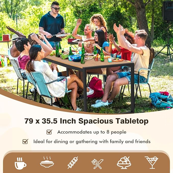 RELAX4LIFE Patio Outdoor Dining Table for 8, 79’’ x 35.5’’ Acacia Wood Rectangular Table w/2’’ Umbrella Hole, Slatted Top & Metal Legs, Indoor Outdoor Picnic Bistro Table, 8-Person Patio Dining Table