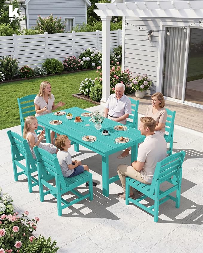 KINGYES 7-Piece Patio Dining Set, HDPE Table and Armless Chairs Outdoor Furniture Set with Umbrella Hole, Aruba