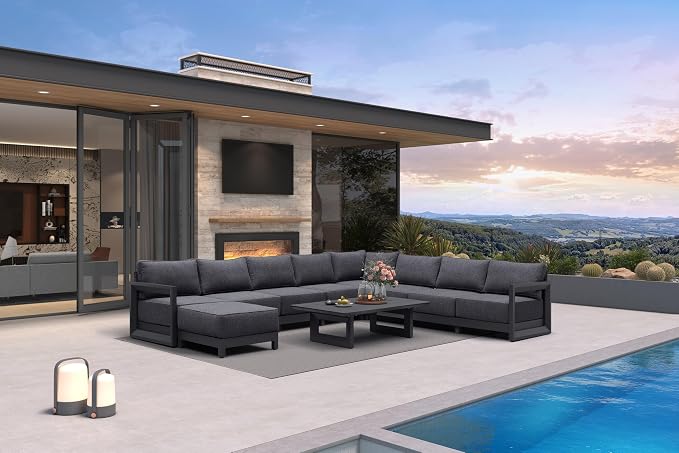 PURPLE LEAF Patio Furniture Set U-Shaped Outdoor Couch with 9.6" Thick Cushion and Soft Pillows 10 Piece Outdoor Sectional Sofas Modern Outdoor Conversation Sets for Yard Porch Deck Pool, Grey