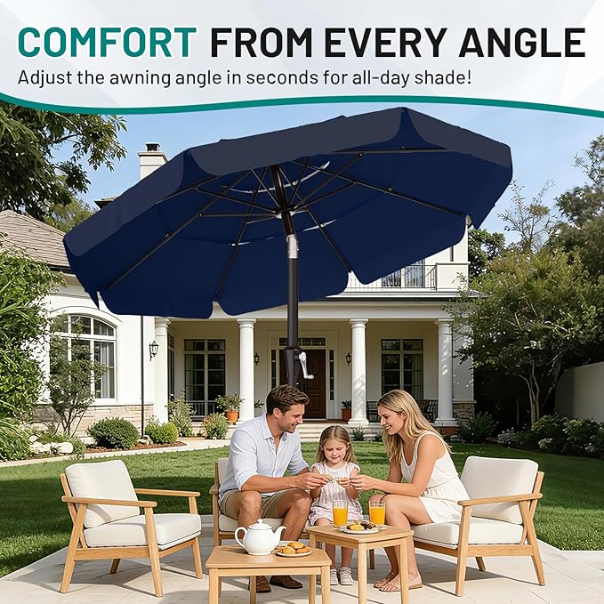 AreShark 9FT 3-Tiers Patio Umbrella with Valance, Outdoor Umbrellas with Crank/Tilt, Table Market Umbrella Vented w/ 8 Sturdy Ribs for Garden, Deck, Backyard, and Pool, Navy