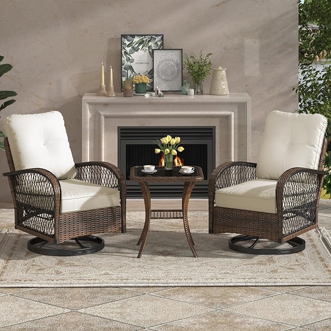 EROMMY 3 Pieces Patio Furniture Set, Outdoor Swivel Rocker Patio Chairs, Wicker Patio Bistro Set with Rocking Chair, Thickened Cushions and Glass Coffee Table for Backyard, Garden, Beige