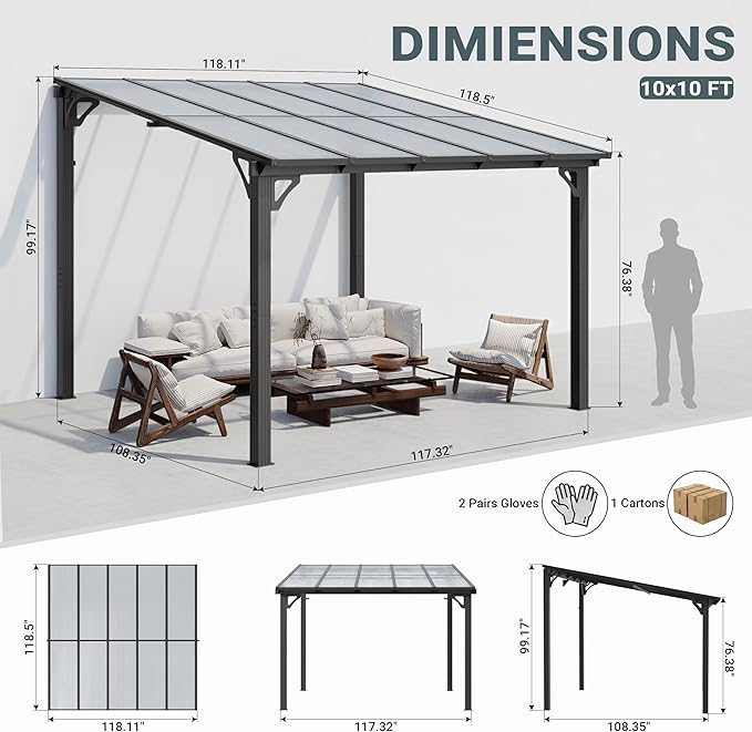 AirWire 10x10 FT Gazebo, Pergola Awnings for Patio with Hardtop Gazebos on Clearance, Patio Covers for Shade and Rain, Lean to Gazebo Sunroom Patio Canopy Outdoor Pergolas for Patios,Decks,Backyard