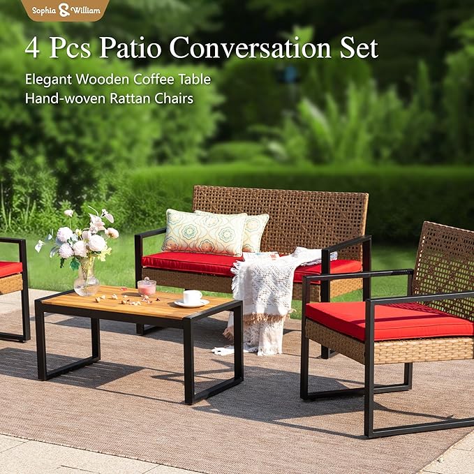 Sophia & William 4 Pieces Patio Conversation Set, Wicker Outdoor Furniture Set for 4, All Weather Outdoor Seating Set, Rattan Loveseat & Chairs with Cushions & Coffee Table，Brown and Red