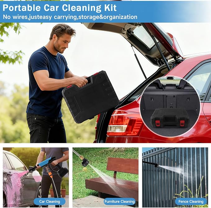 Cordless Car Cleaner Machine,Portable Cleaning Kit with 6-in-1 Nozzle,Foam Cannon,16.4FT Hose,Handheld Water Spray Gun for Wall, Fence, Floor, Yard, Garden Cleaning