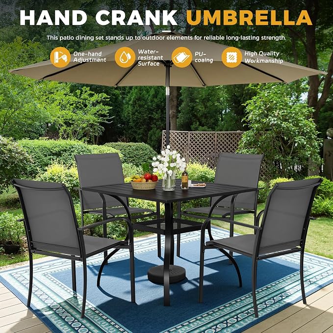 Incbruce 6 Pieces Patio Dining Set with Brown Umbrella, Outdoor Dining Set of 4 Textilene Chairs and Square Table with Umbrella Hole for Backyard, Garden, and Poolside (Grey)