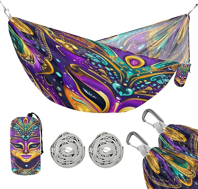 Mardi Gras Carnival Jewelry Feather Lipstick Outdoor Hammock with Tree Straps Tree Hammock for Outside Beach Patio Garden