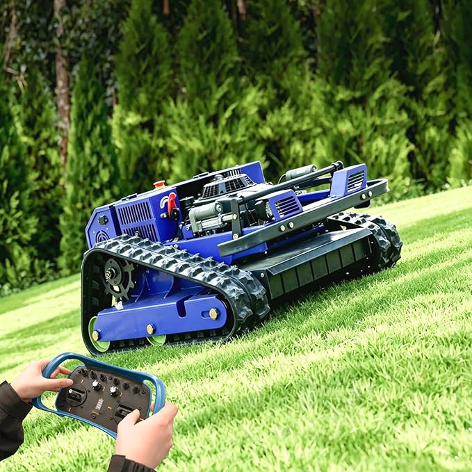 AIWEIYA-Remote Control Lawn Mower,Oil-Electric Hybrid Crawler Track Mower,3-15CM Cutting Height Professional Landscape and Estate Mower for 100% Slope(45°) Large Turf Grass Cutting