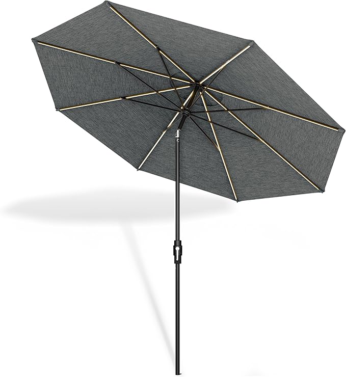 Midtown Umbrellas The LED Swilt 10 Feet Patio Umbrella With Terylast Greige Polyester Fabric - Auto-Tilt Aluminum Frame With LED Lights For Backyard, Deck, Garden, Pool - Black Pole