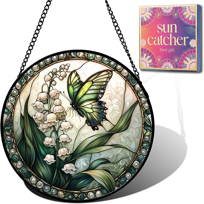 Butterfly Gifts for Mom - Lily of the Valley Faux Stained Glass Window Hanging Sun Catcher for Door Garden Acrylic Decor Mother's Day Christmas May Gift for Women Nana Grandma Sisters Wife 6.3"