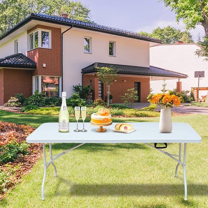 6ft Plastic Folding Table Portable Heavy Duty White Dining Table Fold-in-Half for Camp Party Kitchen Indoor Outdoor