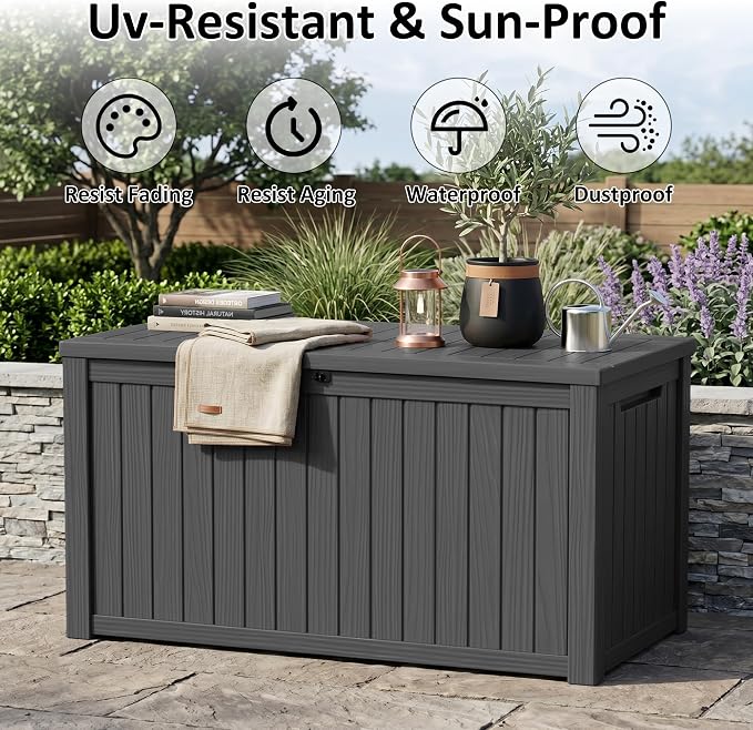 PatioZen 200 Gallon Deck Box, Outdoor Storage Box, Large Deck Box, Lockable, Waterproof &UV-resistant for Patio Furniture, Garden Tools, Garden Tools, Pool Accessories black