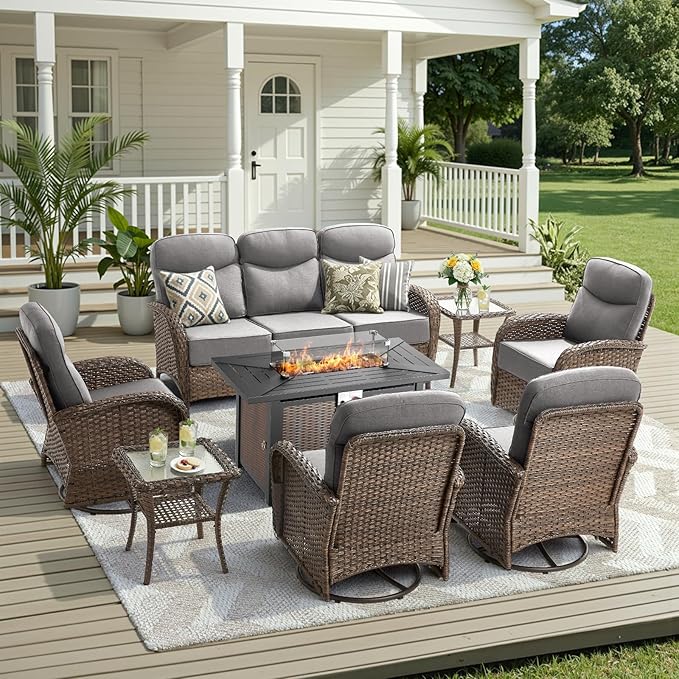 8 Pieces Luxury Patio Furniture Set with 42.5" Fire Pit Table, 6-Inch Thick Cushions Wicker Outdoor Furniture with Outdoor Rocking Chairs Set of 4, Outdoor Patio Conversation Set for Garden, Gray