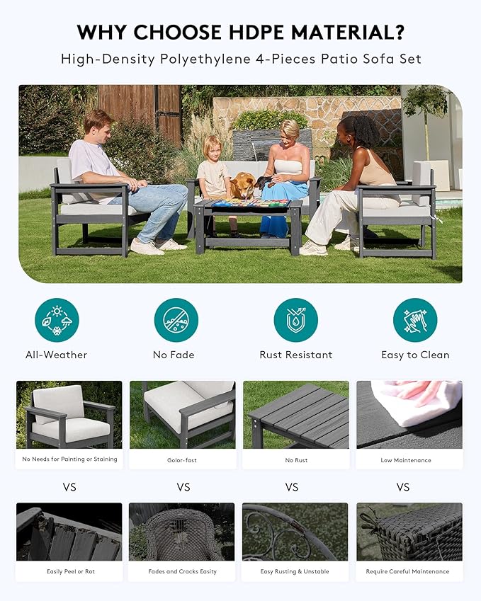 SERWALL 4 Pieces HDPE Outdoor Sofa Set with 10FT Patio Umbrella, All Weather Use Loveseat Furniture Sofa Set, Outdoor Conversation Couch with Coffee Table for Patio, Grey Frame with Khaki Cushions