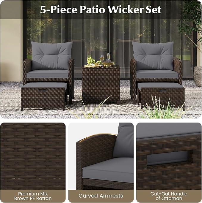 Tangkula 5 Pieces Patio Conversation Set, PE Wicker Rattan Outdoor Furniture Set with 2 Chairs, 2 Ottomans & Tempered Glass Coffee Table, Ideal for Poolside, Backyard, Lawn, Deck, Mix Brown & Grey