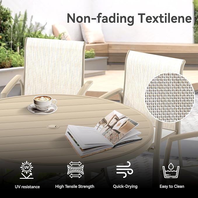 LUMISOL 5-Piece Outdoor Patio Dining Set, Patio Furniture Set with 4 Patio Stackable Dining Chairs and 40.6” Outdoor Metal Round Table, Sandstone