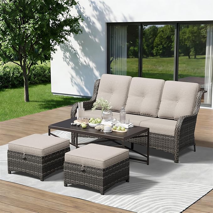 4-Piece Outdoor Couch Set, Includes Wicker Patio Sofa with Thickened Olefin Cushions, High Back and Deep Seating, Hand-Woven PE Rattan and 2 Ottomans, 1 Coffee Table for Porch, Deck