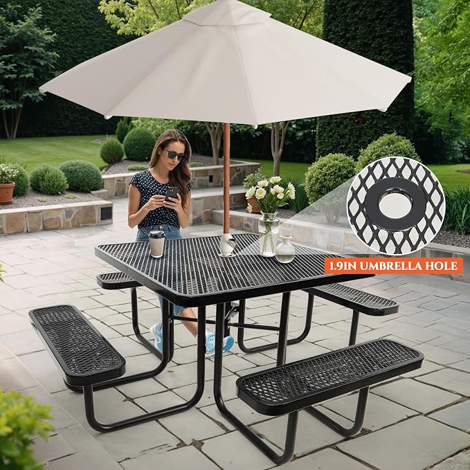 Ceridwen Heavy Duty Picnic Table with 4 Benches, Expanded Metal Steel Mesh Outdoor Patio Dining Table Bench Set with Umbrella Hole,Outdoor Patio Dining Table for Garden (Square, Black, 46FT)