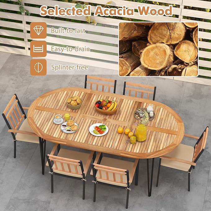 Tangkula 9 Pieces Outdoor Dining Set, Patio Furniture Set with Acacia Wood Top & Umbrella Hole, Metal Frame, Armchairs with Removable Cushions, Wood Dining Table & Chair Set for Yard, Garden, Deck