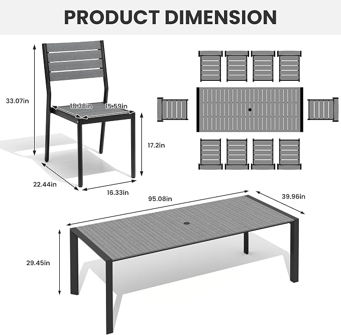 11 Pieces Outdoor Patio Dining Set, 95" Aluminum Table and Stackable Chairs | Adjustable Umbrella Hole & Wood Grain Tabletop for Garden, Patio, Backyard (Grey)