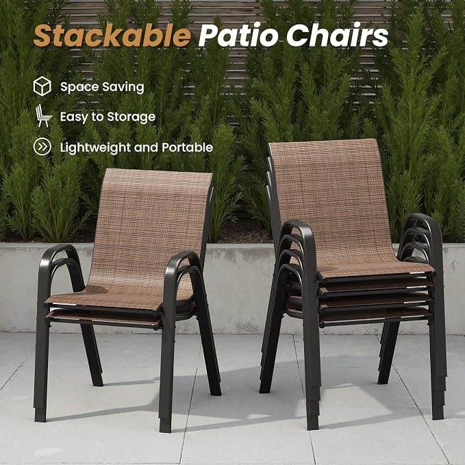 Soohow Outdoor Dining Set for 4, Outdoor Patio Dining Set 4 x Stackable Chairs & 1 x Wood-Like Outdoor Table with Umbrella Hole, All-Weather Patio Table and Chairs for Poolside, Backyard and Porch