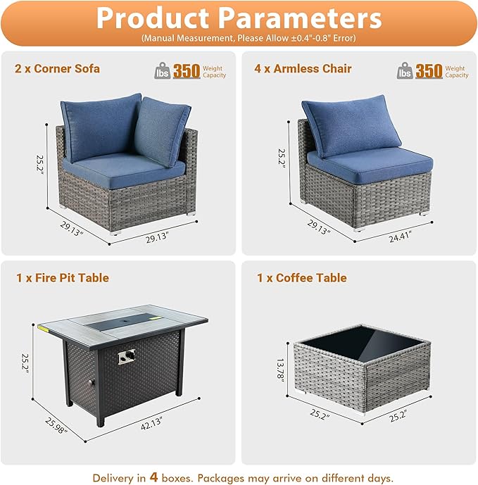 8 PCS Outdoor Patio Furniture Sets with 42'' Fire Pit Table,Wicker Weather Resistant Patio Conversation Set with Comfy Cushions,Modular L Shaped Sofa with Coffee Table for Yard,Denim Blue