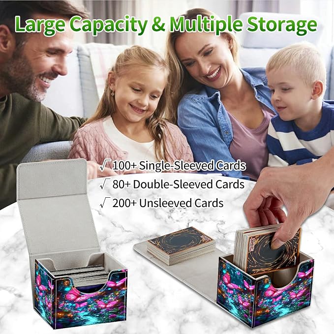Card Deck Box for MTG, Cards Storage Box Fits 120+ Sleeved, Leather Small Size Strong Magnetic Closing Card Case for Board Games Magic TCG CCG Baseball Collection, Pink Butterfly Forest