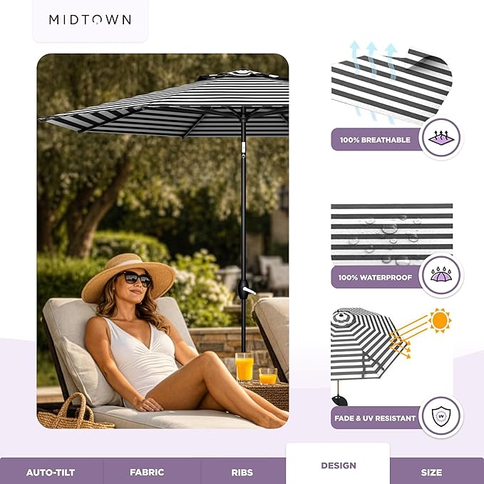 Midtown Umbrellas - The Lean 10 Ft Patio Umbrella with Fade-Resistant Sunbrella Fabric, Auto-Tilt Aluminum Frame and 8 Reinforced Ribs for Deck, Pool & Garden - Canvas Glacier Canopy, Black Pole
