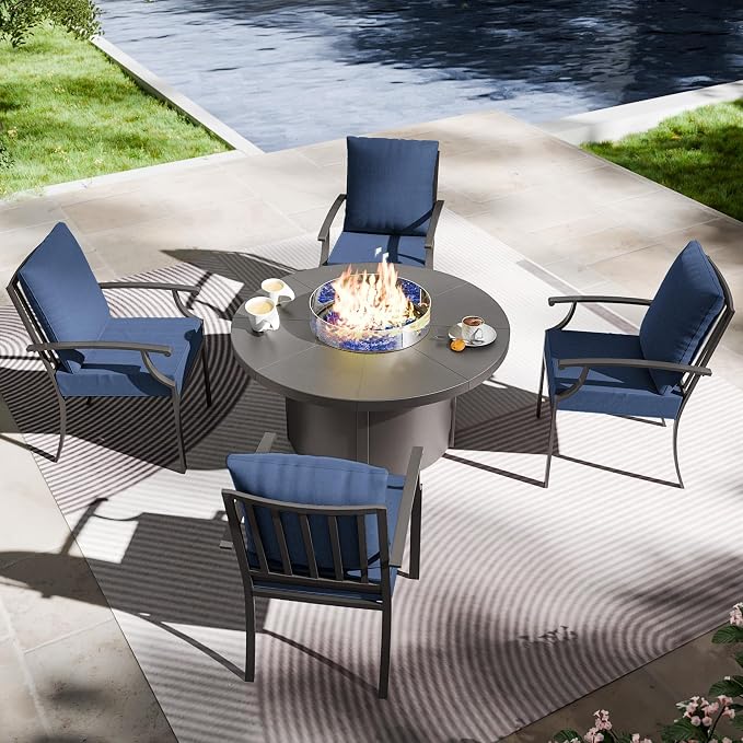 Kullavik 5 Piece Metal Outdoor Patio Furniture Set with Fire Pit Table,Outdoor Dining Table Set with 4 Fixed Chairs and 55000 BTU Outdoor Round Fire Pit,Navy Blue