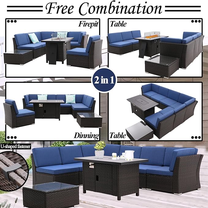 8 PCS Patio Sofa Set with Firepit Table Tempered Coffee Table Outdoor Sectional Set Patio Conversation Set Patio Furniture Sets All Weather with Thick Cushion, Rattan Handwoven