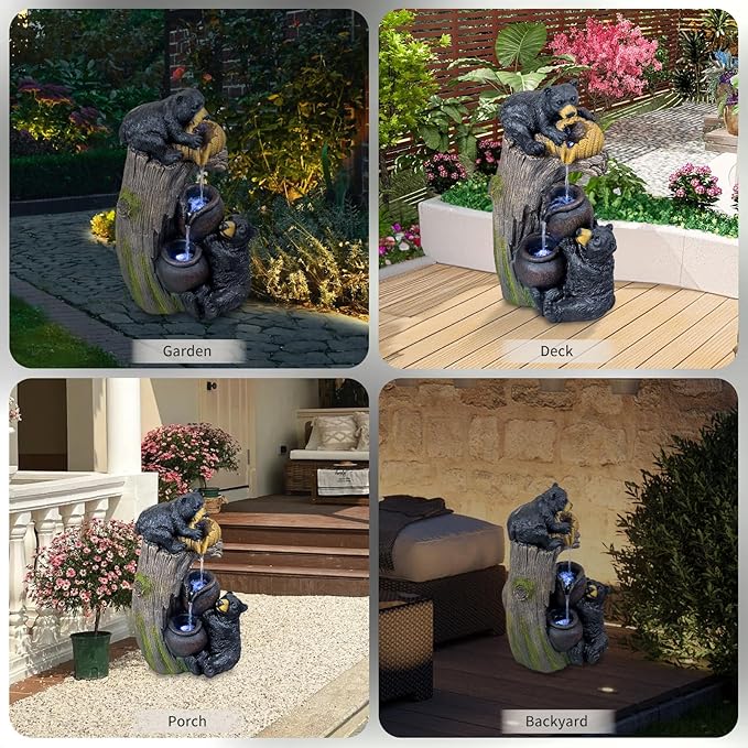 23.6'' H Bear Outdoor Fountain with LED Lights, Cascading Fountains Outdoor, Resin Garden Waterfall Fountain with Pump, Cute Animal Water Feature for Courtyard,Garden and Indoor Decoration