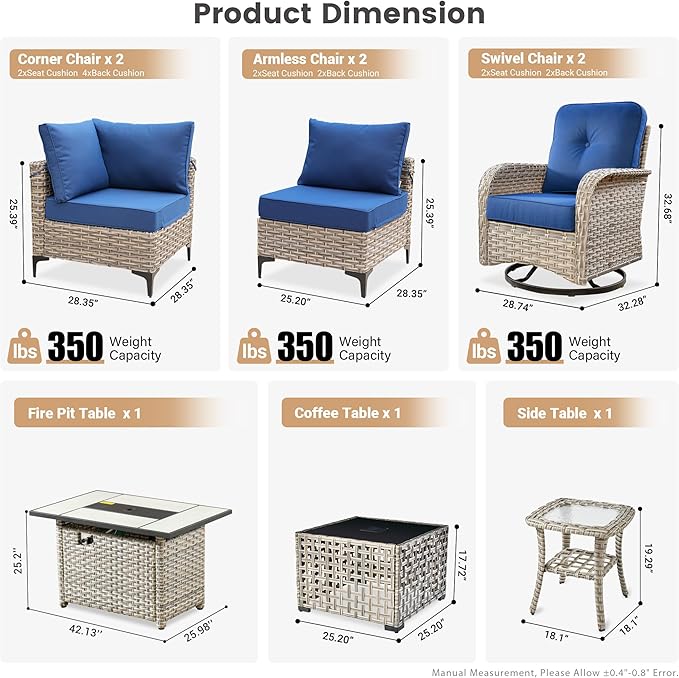 Outdoor Patio Furniture Sets,9 PCS Patio Conversation Set Outside Rattan Sectional Sofa with 42 in Square Fire Pit Table Wicker Rocking Chair Coffee Table Fit Backyard Garden Poolside Balcony