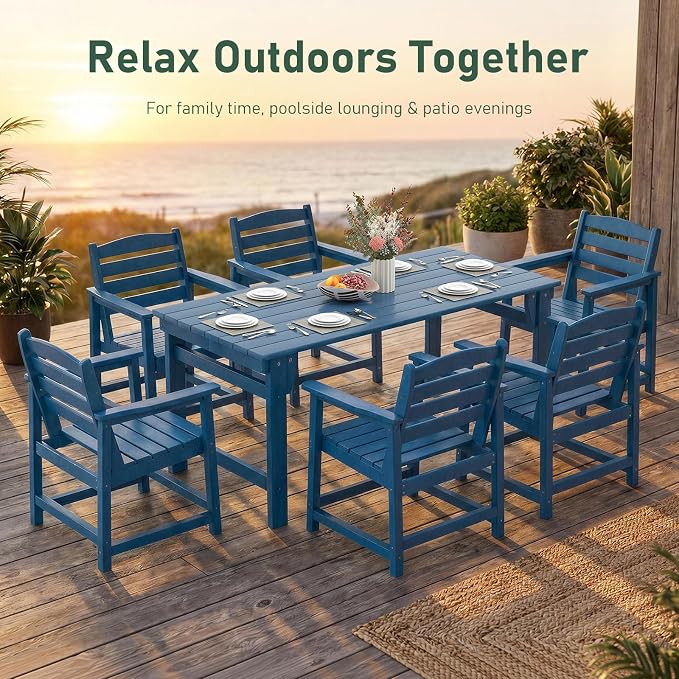 Furnimart Outdoor Dining Set for 6, 67" HDPE Dining Table and Chairs, All-Weather 7 Piece Patio Dining Set with Umbrella Hole, Outdoor Furniture Set for Backyard, Garden, Lawn & Poolside, Blue