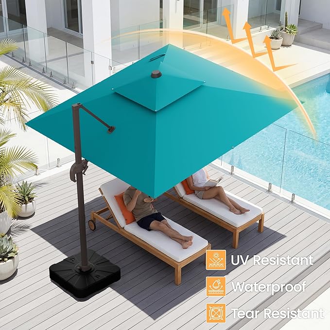 HASLE OUTFITTERS 10x10 FT Patio Cantilever Umbrella with Base, Outdoor Offset Large Square Heavy Duty Double Top Umbrellas with 360° Rotation for Pool Garden Deck，Turquoise