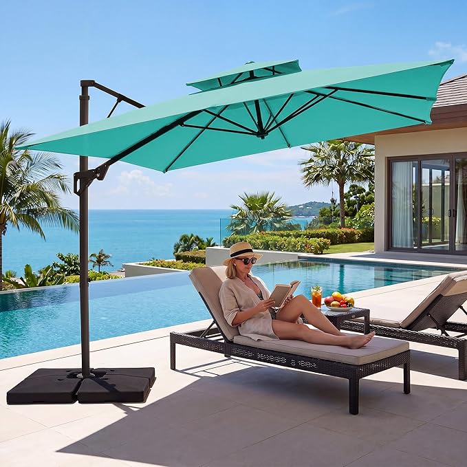 JEAREY 12ft 2-Tier Cantilever Patio Umbrella, Large Square Outdoor Offset Umbrella with Double Top Vent and 360-degree Rotation for Garden, Deck, Pool, Patio, Peacock Blue