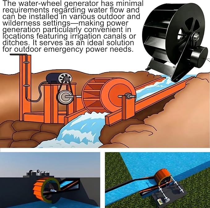 Low-Speed Waterwheel, Water Turbine Generator, Hydro Water Wheel Generator, Compact Generation Structure for Outdoor Rivers, Ponds and Rural Daily Water Supply Use(100w)
