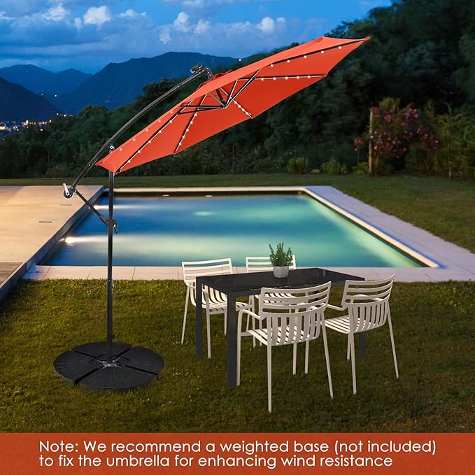 Tangkula 10 Ft Patio Offset Umbrella, 40 LED Lighted Market Umbrella W/8 Sturdy Ribs, Easy Tilt Adjustment & Crank, Polyester Shade, Ideal for Backyard, Garden, Seaside, Store, Pool (Orange)