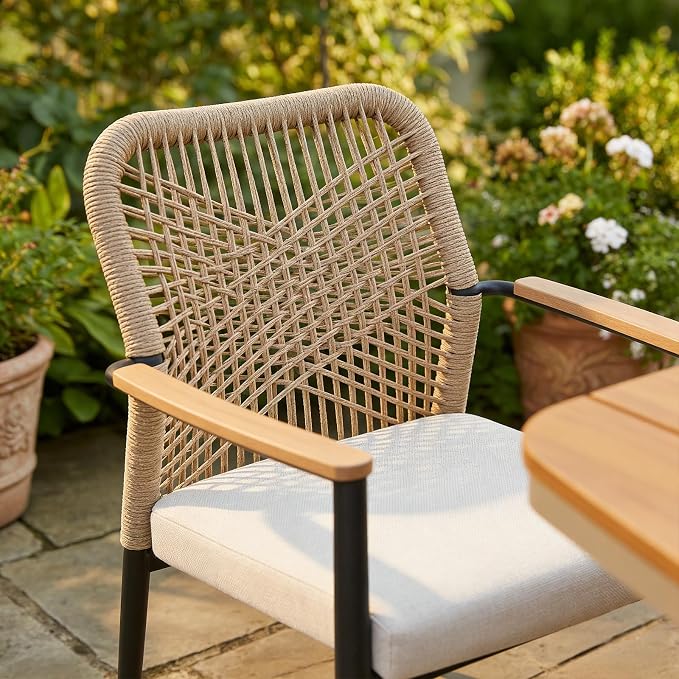 SUNSITT 7 Piece Outdoor Patio Dining Set, Patio Dining Furniture Set with 87” Aluminum Dining Table w/X Base Legs and 6 Woven Wicker Patio Chairs w/WPC Armrests for Garden, Flaxen
